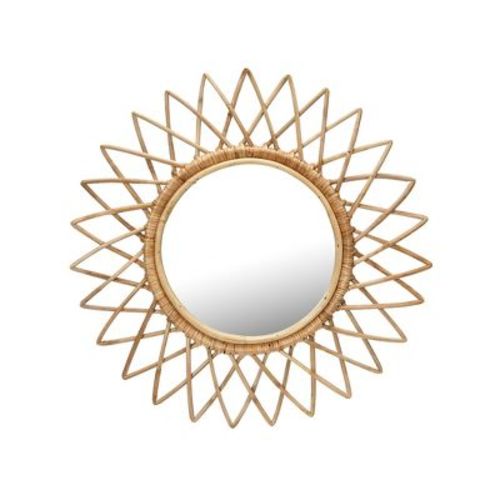 Storied Home Round Cane Sunburst Wall Mirror Natural: Bohemian Style, No Assembly, 23" Diameter
