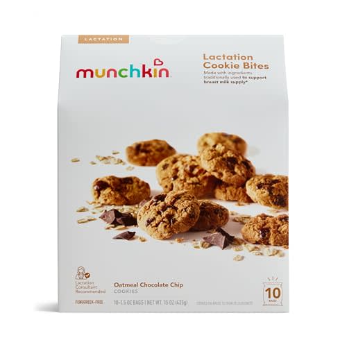 Munchkin Milkmakers Lactation Cookie Bites for Breastfeeding, Oatmeal Chocolate Chip Nursing Snacks, Fenugreek Free, 10 Pouches