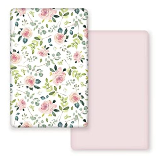 GRSSDER Stretchy Ultra Soft Jersey Knit Fitted Pack n Play Sheets Set 2 Pack, Portable/Mini Crib Sheets, Snug and Safe Playards Sheet for Baby, Pink Rose Stylish Print