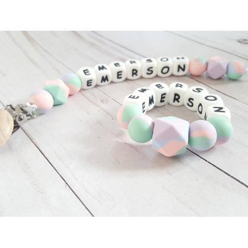 Baby Tie Dye! Colorful pastel toy loop & pacifier holder with name. Matching set.