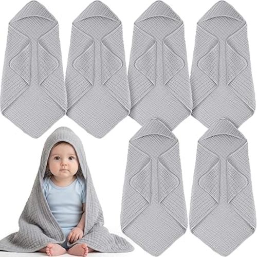 Breling 6 Pcs Muslin Hooded Baby Towels, 32 x 32 Inch 100% Muslin Cotton Newborn Bath Towel Absorbent Blankets Bath Essentials Registry Gift for Newborn, Infant Baby, Toddlers (Light Gray)