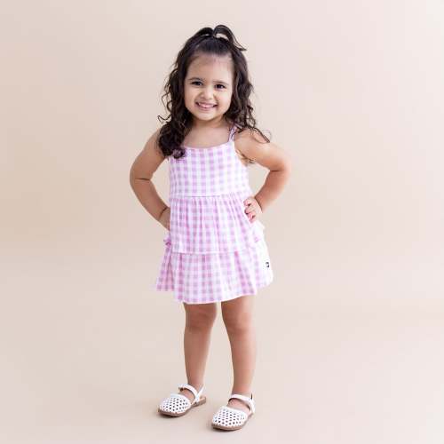 Spaghetti Strap Ruffle Romper in Gingham Thistle