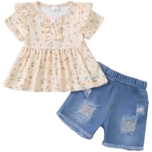 Mikrdoo Baby Girl Clothes Toddler Girl Summer Outfits Shirts Tops Ripped Denim Shorts Set Little Girls Clothes
