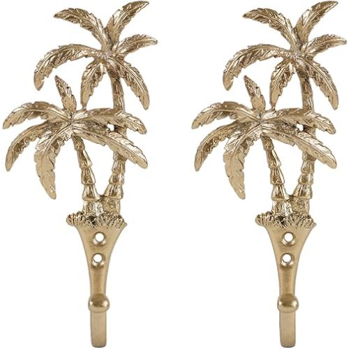 SOFFEE DESIGN 2pcs Golden Single Hooks 3D Coconut Tree Retro Style for Room Wall Decoration, Coat Hat Scarf Hanging Hanger Entry Heavy Hooks Summer Beach Decor