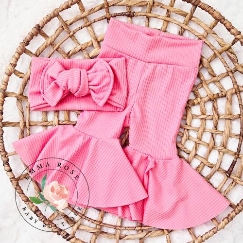 Baby girl pink bell bottoms, headband hair bow, baby pink flare pants, pink baby pants, retro hippie baby clothes, newborn girl outfit gift