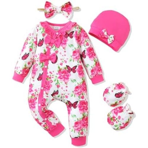 Mikrdoo Baby Girl Clothes Preemie Newborn Coming Home Fall Winter Outfit Knit Jumpsuit Ruffle Romper with Headband