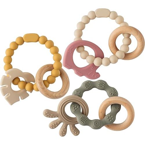 Silicone Teether Toys for Babies - 2ooya 3Pcs Animals Themed Teething Ring, Elephant Baby Sensory Chew Toys with Rattles for Newborn Boy and Girl to Soothe Sore Gums, Baby Shower Birthday Gifts