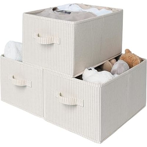StorageWorks Storage Baskets for Shelves, Foldable Fabric Closet Storage Bins with Handles, Fabric Storage Bins Clothes Organizer, Beige Stripes, 3-Pack, Large