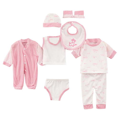 Pimfylm Newborn Layette Gift Set 8PCS Baby Boy Girl Tops+Hat+Pants +Bib+Sock Shoes+Romper Outfits Set Pink,Size for 0-3 Months