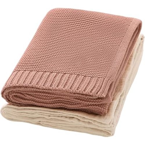 2-Pack Premium Baby Blankets, Soft Textured Knit Swaddle Blanket & Natural Muslin Cotton Receiving Blanket, Lightweight Wrap for Newborn Boys Girls, Thoughtful (Pink)