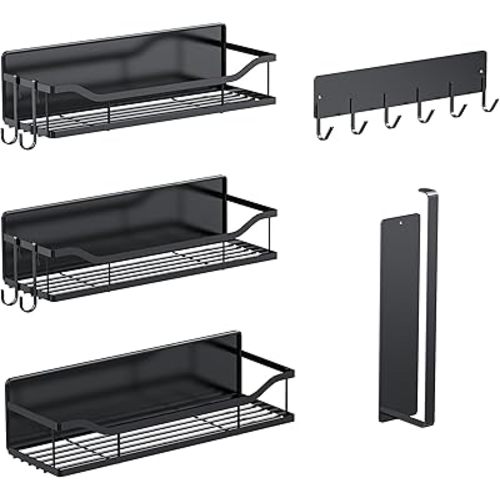 Magnetic Spice Rack,Multifunctional Magnetic Shelf for Washing Machine,Refrigerator,Microwave,and Any Metal Surface,Powerful Magnetic Shelves Include Magnetic Paper Towel Holder (5 pcs - Black)