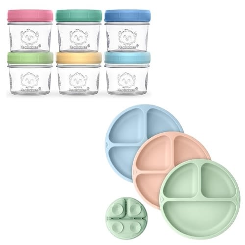 KeaBabies 6-Pack Glass Baby Food Containers & 3-Pack Suction Plates for Baby, Toddler - 4 oz Leak-Proof, Microwavable, Glass Baby Food Jars - 100% Silicone Toddler Plates - Baby Food Storage Container