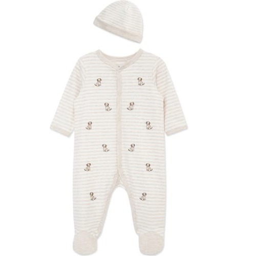Puppy Schiffli Embroidered Cotton Footie & Hat Set, Newborn