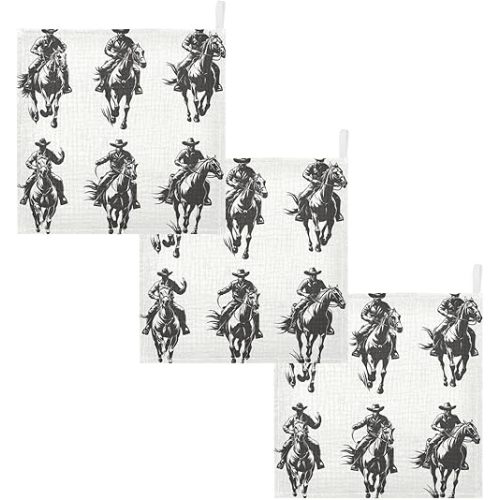 Nander Vintage Western Cowboy Baby Muslin Washcloths 3PCS- Soft Face Cloths for Newborn, Absorbent Bath Wash Cloths, Wipes, Burp Rag