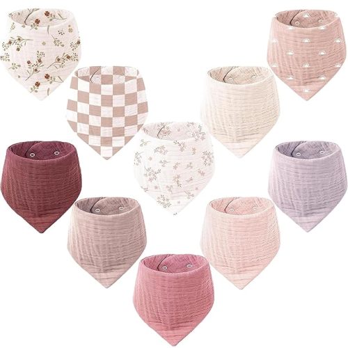Konssy Muslin Baby Bibs 10 Pack Baby Bandana Drool Bibs 100% Cotton for Unisex Boys and Girls, Soft Absorbent Set for Teething and Drooling