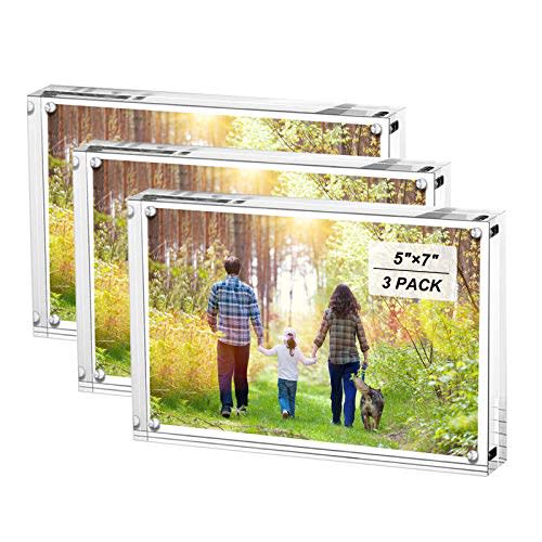 Boxalls 5x7 Inches Acrylic Picture Frames- 3 Pack, Desktop Frameless Photo Frames with Magnetic, Double Sided Transparent (3 Pack)