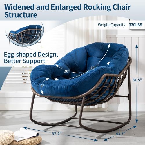 Outdoor Padded Cushion Rocking Chair, Patio Oversized Rattan Egg Chair