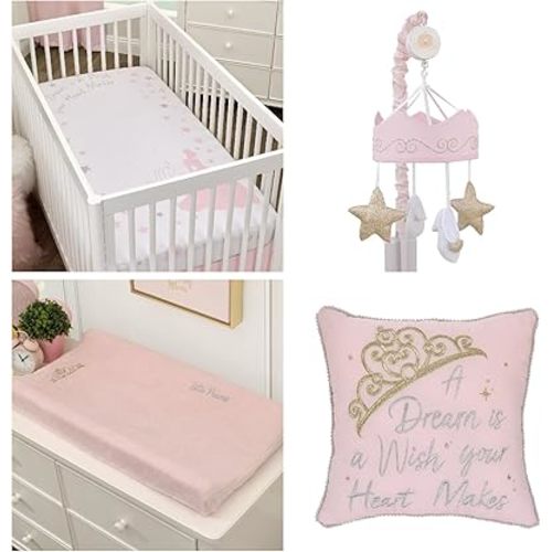 Disney Princess Enchanting Dreams Nursery Bundle – Musical Mobile, Crown Changing Pad Cover, Pom Pom Pillow & “A Dream is a Wish” Photo Op Crib Sheet