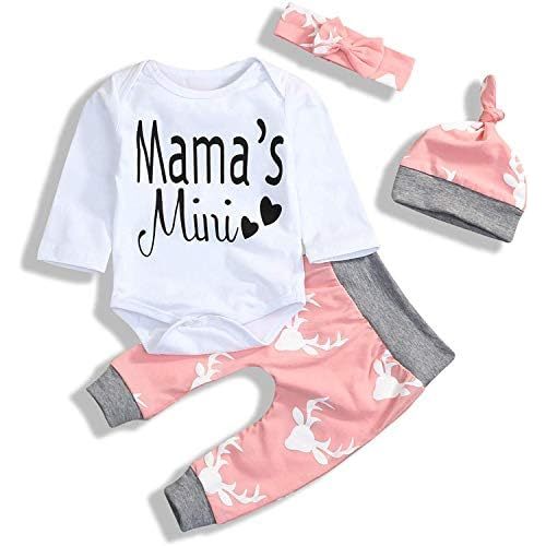 4Pcs Newborn Baby Girl Clothes Mama's Mini Romper+Deer Pants+Hat+Headband Christmas Outfits Set