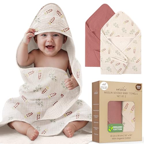 infancie Organic Cotton Muslin Baby Hooded Towels - 32x32 Inch, 2 Pack Newborn Bath Towels for Boys & Girls, Soft & Absorbent Bath Set (Pink/Floral)