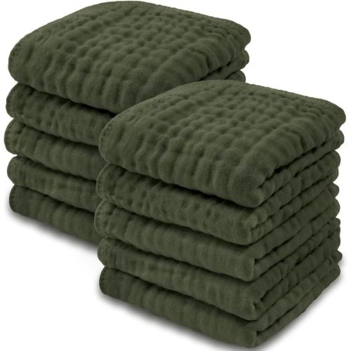 Comfy Cubs Muslin Baby Washcloths 10 Pack - Soft 6-Layer Cotton Wash Cloths for Sensitive Skin - 10"x10" Large, Gentle, Absorbent Infant Essentials for Newborn and Toddlers - Kelp