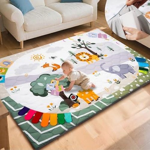 TINYHARBO Premium Foam Baby Play Mat 74x50, 4 Developmental Zones Play Mat with Removable & Machine Washable Cover, Extra Thick Padding Playpen Mat, Easy to Clean for Infants, Toddlers & Babies