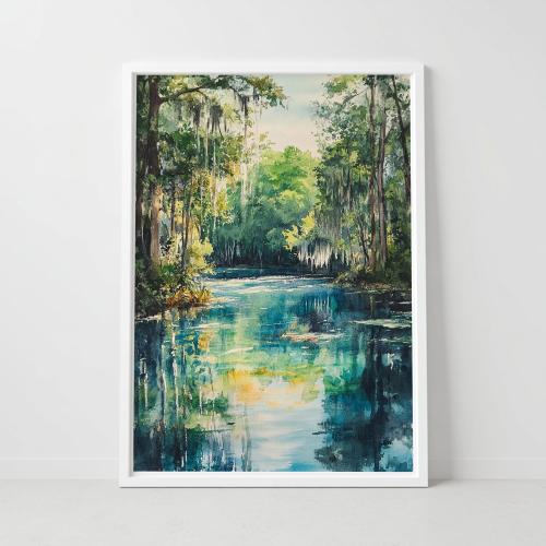 Silver Springs Florida Watercolor Painting, Tropical River Landscape Art