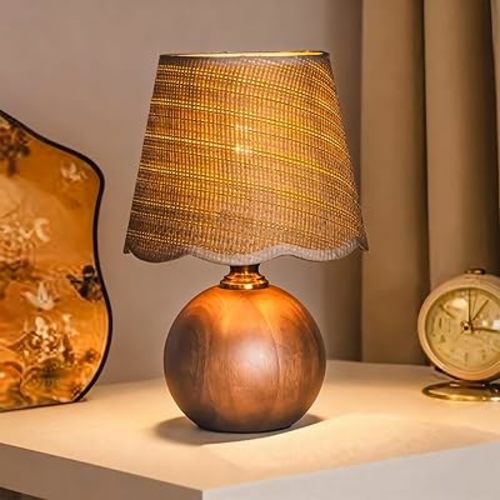 11.4" Modern Wooden Bedside Table Lamp, Small Nightstand Desk Lamp with Fabric Shade, Warm Ambient Light, Dimmable E26 Socket with Bulb Included for Bedroom Living Room (Fabric)