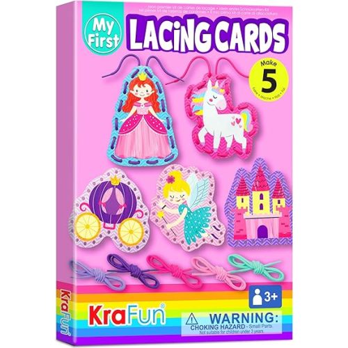 KRAFUN Beginner Unicorn My First Lacing Card Kit for Kids Arts & Crafts, 5 Easy Princess Lacing Projects, Paper Art Craft Cards for Toddlers, Fine Motor Preschool Skills Toys