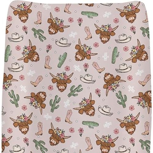 Pink Highland Cows Baby Changing Pad Covers for Girls Western Cowgirl Boots Hats Yak Cactus Floral Fitted Changing Table Mats Wild West Country Soft Nursery Diaper Change Table Sheets 32''×16''