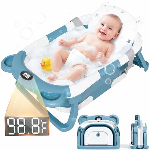 EZBY Collapsible Baby Bathtub with Temperature Sensor,Double Foldable Infant to Toddler Bath Tub,Non-Slip & Space-Saving Design, 0-3 Years, Green