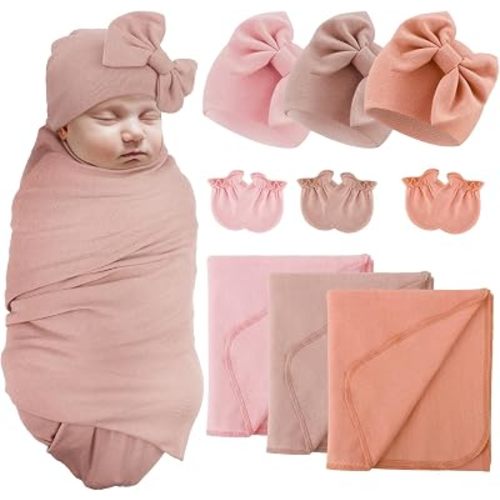 AQOKKA Newborn Receiving Blanket with Bow Hat Mittens Set Nursery Swaddle Wrap Toddler Swaddles for Newborn Baby Boy Girl