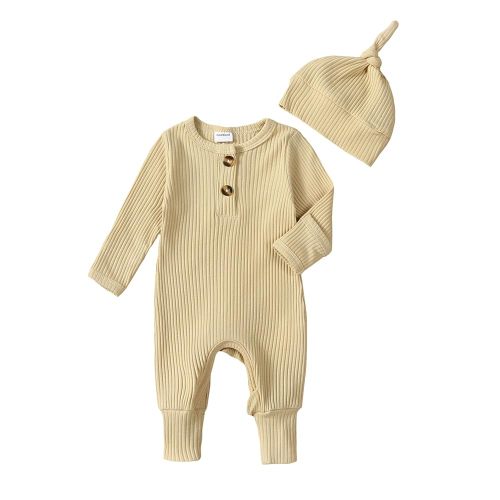 Neutral Baby Clothes Newborn Girl Boy Coming Home From Hospital Outfit Cute Ribbed Knit One-Piece Romper Jumpsuit Hat