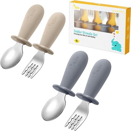 4 Pack Toddler Utensils, Toddler Forks and Spoons, Baby Spoons Self Feeding, Stainless Steel Baby Silverware with BPA Free Silicone Easy Grip, 8 Months+ - Sand & Grey