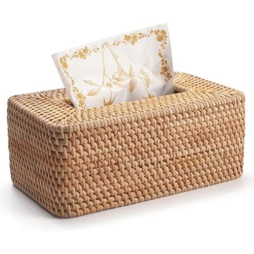 Rattan Tissue Box Cover, Rectangular Wicker Tissue Box Holder, Decorative Woven Facial Tissue Holder for Bathroom, Kitchen, Living Room, Bedroom (Natural)