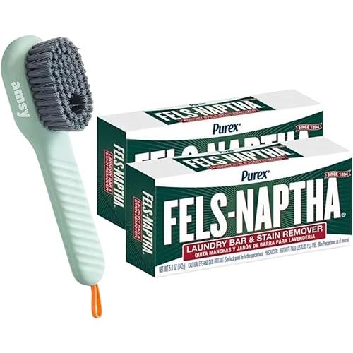 AMSY Stain Remover Cloths Laundry Bundle - Amsy Multifunctional Stain Remover Brush with Soap Dispenser Bundled with 2 Pack of Fels Naptha Laundry Soap 5 oz Each for Cloth Shoes Household Surfaces