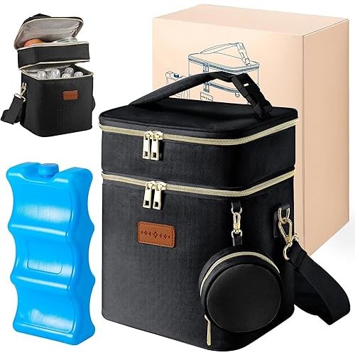 Breastmilk Cooler Bag with Ice Pack & Pacifier Case, Large Double Layer Insulated Baby Bottle Cooler Fits 6 Bottles, Breast Pump Storage Bag for Working Nursing Moms, with Gift Box