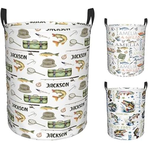 Personalized Fishing Laundry Basket, Custom Laundry Hamper With Name Gifts For Kids Baby Adults, Collapsible Dirty Clothes Storage Organizer With Handles 16.5 X 13.8in