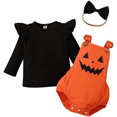 Newborn Girl Halloween Outfits Long Sleeve Solid Sweatshirt Tops Bib Overalls Ghost Jumpsuits Bow Headband Baby Fall Clothes