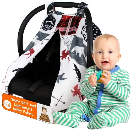 Dear Baby Gear Car Seat Blanket - Infant Carseat Canopy & Winter Covers - Cozy Baby Car Seat Cover for Girls & Boys - Doubles as Stroller Cover - Northwood Moose & Arrows - Faux Quilt - 38" x 27"