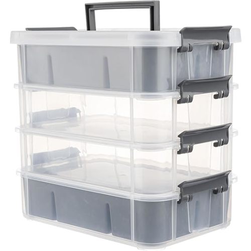 Grey&White Modern Plastic Storage Box - 4-Layer Durable Craft Storage Containers with 2 Removable Trays for Arts & Crafts Supplies, Sewing, Office, Seasonal Decor
