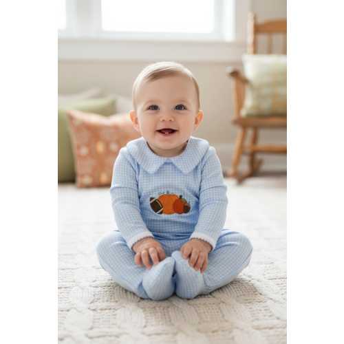 Football and Pumpkins Baby Boys Outfit- Blue Gingham Pima Cotton-Pima Cotton Baby-Toddler Outfit-Thanksgiving Outfit-Fall Boy Bubble