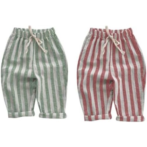2 Pack Boys Girls Cotton Linen Harem Bloomers Pants for Baby Toddler Cute Striped Bloomer Elastic Basic Harem Pants Joggers