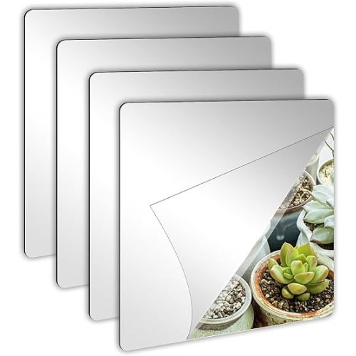 JUNEBRUSHS 4 Pack Self Adhesive Acrylic Mirror, 8 x 8 Inch Mirror Tiles