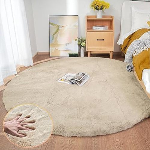 Washable Shag Round Rugs 6ft Camel Plush Faux Rabbit Furry Fur Rugs for Bedroom Large Circle Fluffy Nursery Rug