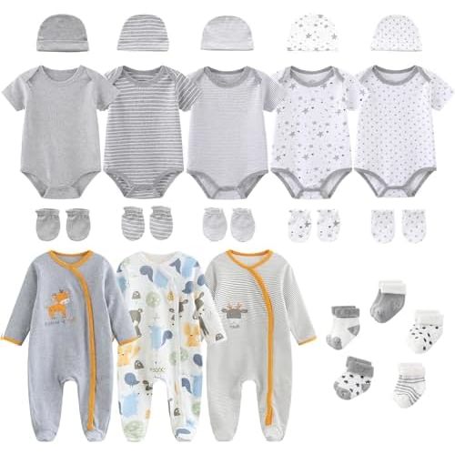 Ruliby New Born Clothes Cotton Baby Bodysuit Soft Romper and Accessories Layette Set 0-12 Months, 23-pack