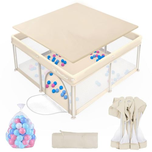 Foldable Baby Playpen for Babies and Toddlers, 50x50 Inch Portable Play Yard, Collapsible Play Pen with Mat, Visible Mesh, 50 Ocean Balls, Indoor/Outdoor Baby Fence Activity Center for Home