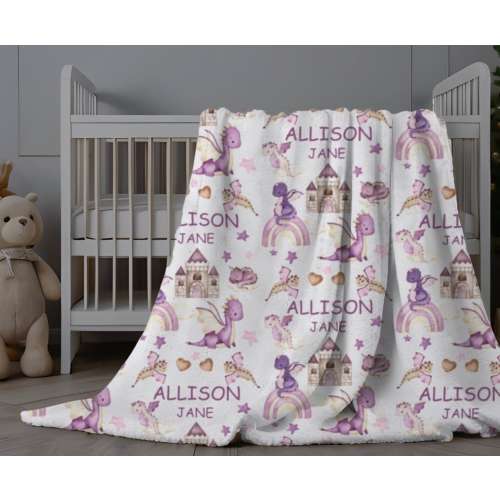 Personalized Baby Blanket, Dragon Name Blanket, Purple Dragon Blanket, Custom Baby Swaddle, Dragon Nursery, Girl Dragon Blanket With Name