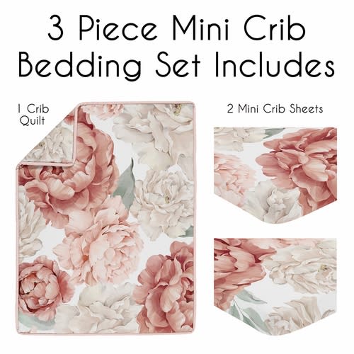Peony Floral Garden Pink and Ivory Collection 3 Piece Mini Crib Bedding Set