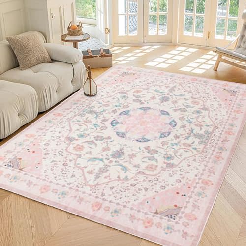 auruge Area Rug - Vintage 5x7 Non-Slip Backing Area Rugs Light Pink Soft Faux Wool Carpet Foldable & Machine Washable Rugs for Living Room Bedroom Dining Room Nursery Home Office